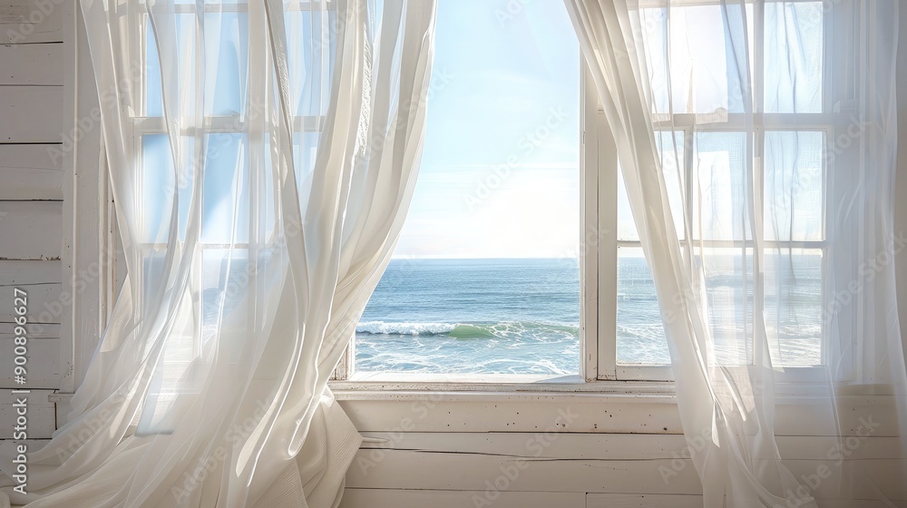 A serene seaside view through a window, with white curtains gently swaying in the ocean breeze. A serene seaside view through a window, with white curtains gently swaying in the ocean breeze.