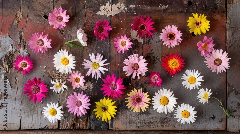 Obraz premium A variety of blooming daisies arranged in a circular pattern on a rustic wooden floor, creating a cheerful display.