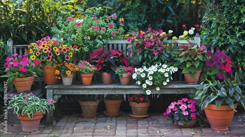 Wallpaper Mural A variety of potted plants arranged neatly on a garden bench, with colorful blooms and green foliage creating a serene scene. Torontodigital.ca