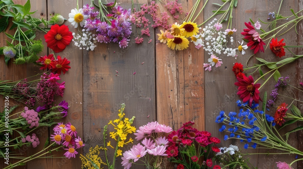 Fototapeta premium A variety of wildflowers arranged in a circular pattern on a polished wooden floor, capturing nature beauty.