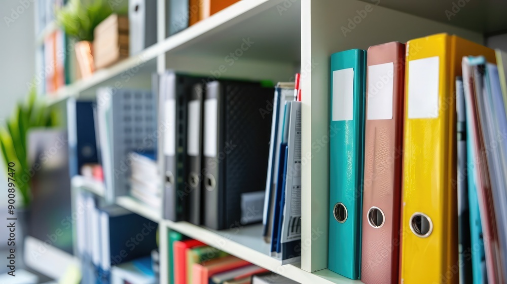 A well-organized home office shelf with neatly arranged files, office supplies, and motivational quotes. A well-organized home office shelf with neatly arranged files, office supplies, and motivational quotes.