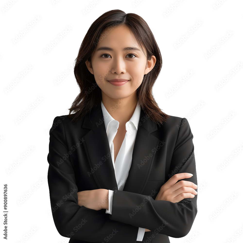 Asian business woman wearing suit, smiling, crossing arms Asian business woman wearing suit, smiling, crossing arms