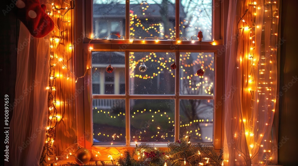 A window decorated with holiday lights, creating a warm and festive glow indoors. A window decorated with holiday lights, creating a warm and festive glow indoors.