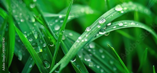 Green grass wet with cool morning dew nature background photo