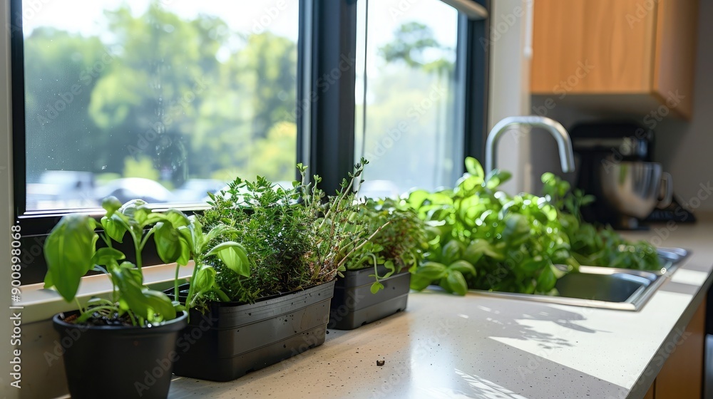 Fototapeta premium An office kitchen with a windowsill herb garden, providing fresh herbs for employees to use in their meals.