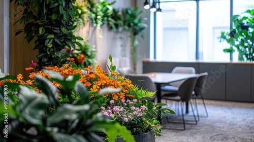 An office break area with a small indoor garden of blooming flowers and green plants, creating a refreshing environment.