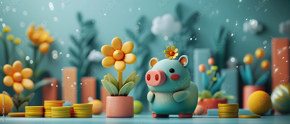 A cute piggy bank with a flower on its head, standing next to a pot with a flower, surrounded by coins and other colorful objects. A cute piggy bank with a flower on its head, standing next to a pot with a flower, surrounded by coins and other colorful objects.