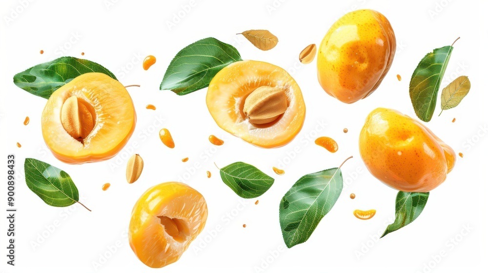 Juicy loquat slices suspended in the air with green leaves, isolated on a transparent background, emphasizing their vibrant color and nutrient-rich properties. Juicy loquat slices suspended in the air with green leaves, isolated on a transparent background, emphasizing their vibrant color and nutrient-rich properties.