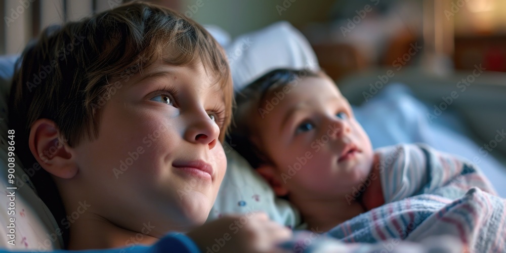 Fototapeta premium Two children lying on a bed, having fun and relaxed