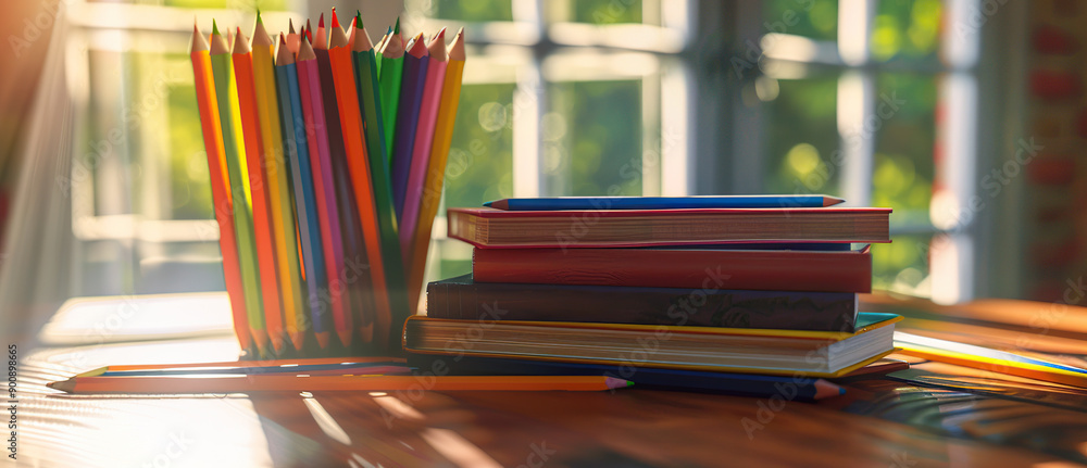 A stack of books and colored pencils on the table in front of bookshelves, sunlight streaming through the window A stack of books and colored pencils on the table in front of bookshelves, sunlight streaming through the window