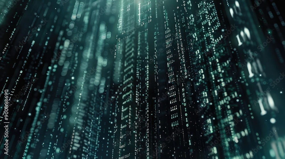 Binary code streaming down a screen, representing digital information and data Binary code streaming down a screen, representing digital information and data