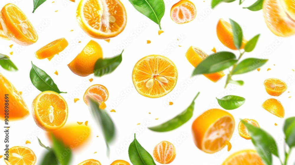 Sweet kumquat slices suspended in the air with green leaves, isolated on a transparent background, highlighting their vibrant color and nutrient-rich properties. Sweet kumquat slices suspended in the air with green leaves, isolated on a transparent background, highlighting their vibrant color and nutrient-rich properties.