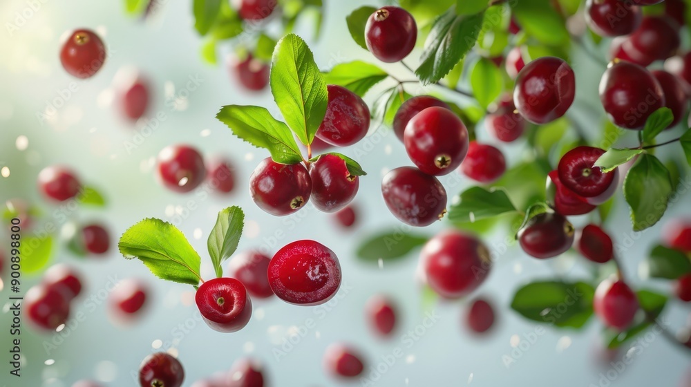 Tart cranberry slices suspended in the air with green leaves, highlighting their vibrant color and health benefits. Tart cranberry slices suspended in the air with green leaves, highlighting their vibrant color and health benefits.