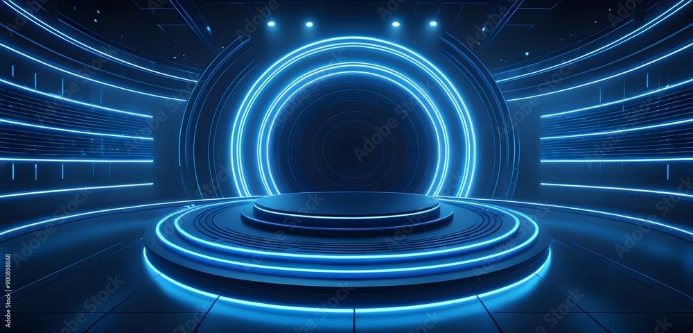 Technology podium 3d light game circle blue neon stage screen hologram platform. 3Dpodium HUD design technology background portal cyber tech cyberpunk product presentation. Technology podium 3d light game circle blue neon stage screen hologram platform. 3Dpodium HUD design technology background portal cyber tech cyberpunk product presentation.