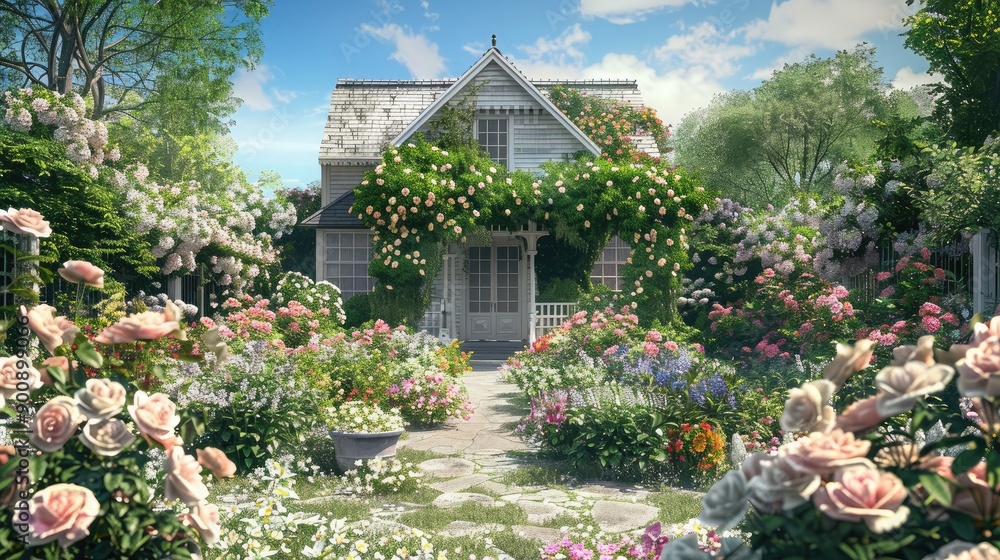A beautiful array of blooming roses and lilies in a front garden ...