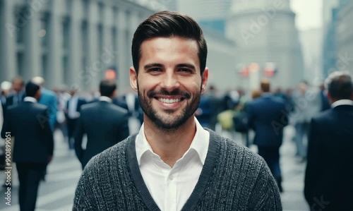 Medium shot portrait video of a grinning man in his 30s that is wearing a chic cardigan against a bustling day at the stock exchange with traders background photo