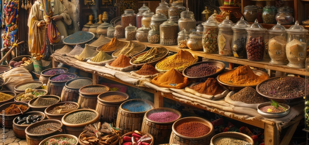 Illustration of a traditional spice market in the Middle East with many people Illustration of a traditional spice market in the Middle East with many people