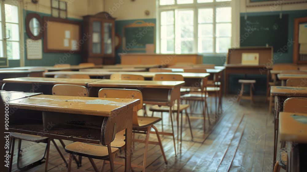Empty wooden desks and chairs in an old school classroom Empty wooden desks and chairs in an old school classroom