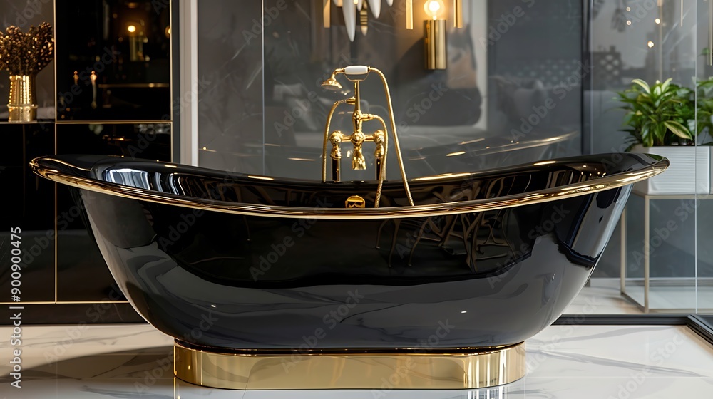 Black and Gold Bathtub in a Luxurious Bathroom Black and Gold Bathtub in a Luxurious Bathroom