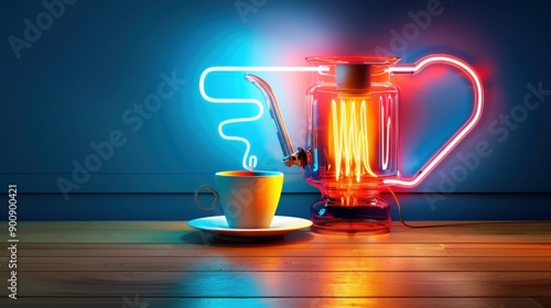 An 80 is themed neon sign depicting a lamp and a coffee cup, with bold lines and vivid colors, capturing the essence of the era in a clean vector illustration photo