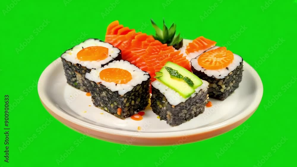 Assorted Sushi Platter with Fresh Salmon green screen background with Ai generated.
Assorted Sushi Platter with Fresh Salmon green screen background with Ai generated.
