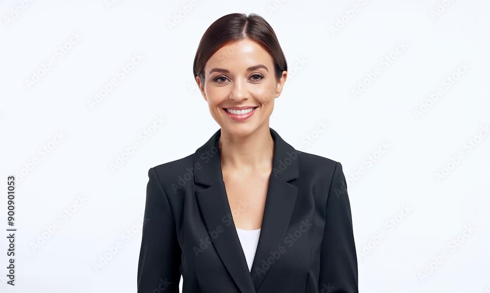Medium shot portrait video of a grinning woman in her 30s that is wearing a sleek suit against a white background Medium shot portrait video of a grinning woman in her 30s that is wearing a sleek suit against a white background