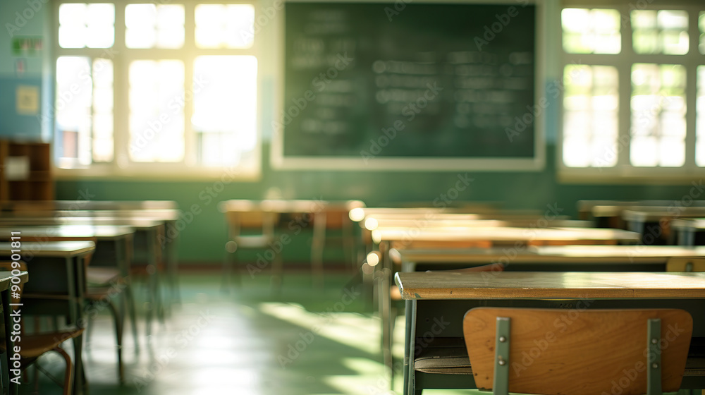 Blurred empty classroom in an elementary school or high school with desks and chairs Blurred empty classroom in an elementary school or high school with desks and chairs