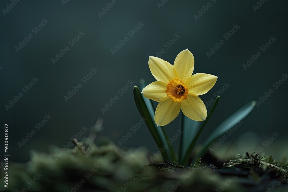 Obraz premium A yellow flower is on a mossy ground. The flower is small and delicate, and it stands out against the dark background. Concept of tranquility and beauty, as the flower is the focal point of the scene