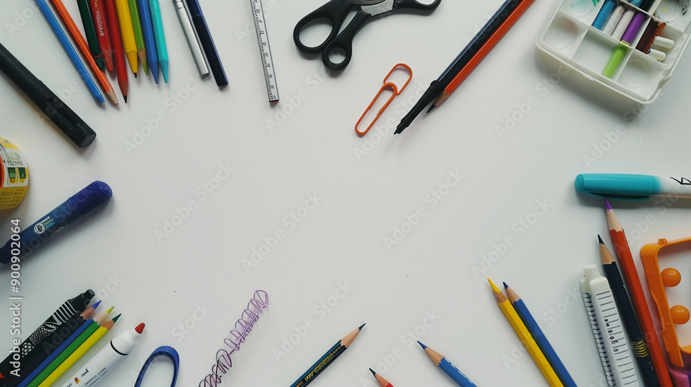 Art Tools and Stationery Such as Crayons, Pens, and Scissors on a White Surface, Featuring a Back to School and Learning Theme Art Tools and Stationery Such as Crayons, Pens, and Scissors on a White Surface, Featuring a Back to School and Learning Theme