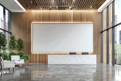 Modern corporate office lobby blank signage mockup present your company logo or messages, MZ