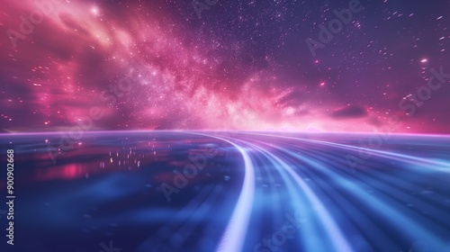 Futuristic Neon High-Speed Highway with Starry Sky Background Illustration