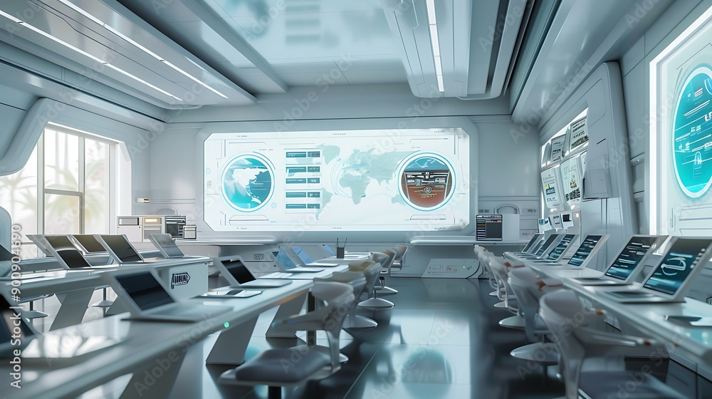 Futuristic Control Room with White Walls and Monitors Futuristic Control Room with White Walls and Monitors