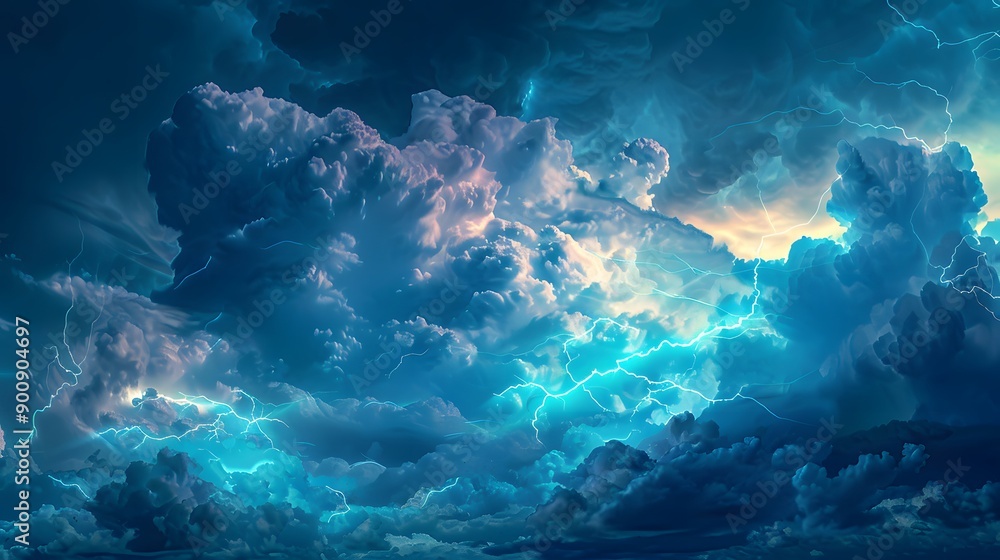 Fototapeta premium Lightenings effect background in blue sky. 