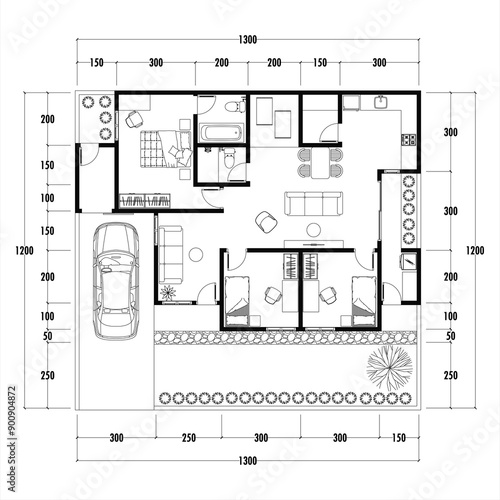 Floor plan blueprint type 96 sqm, Figure of the jotting sketch of the construction and the industrial skeleton of the structure and dimensions.