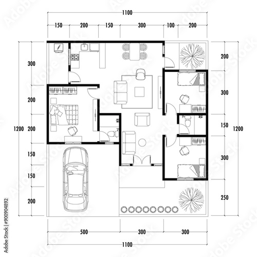 Floor plan blueprint type 96 sqm, Figure of the jotting sketch of the construction and the industrial skeleton of the structure and dimensions.