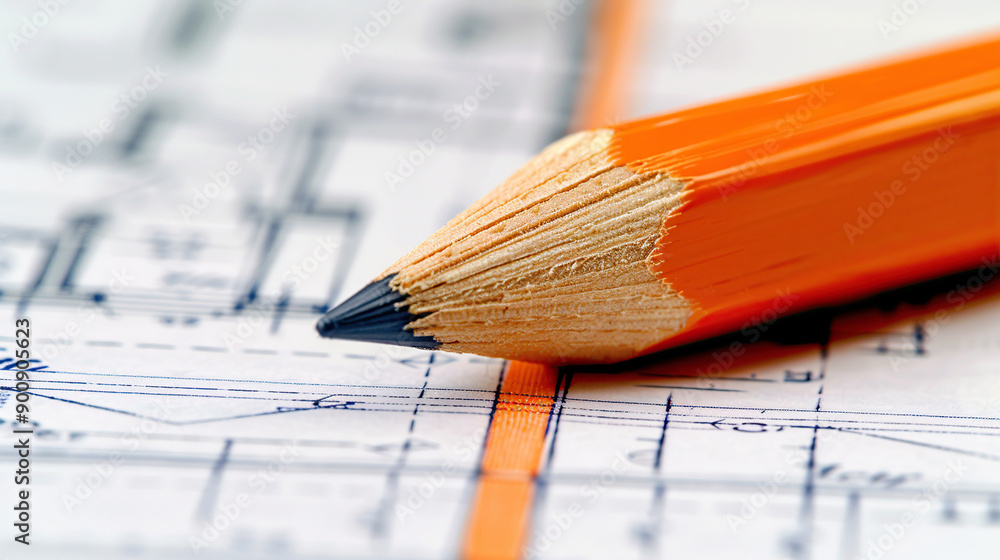 Close-up of an orange pencil on blueprints Close-up of an orange pencil on blueprints