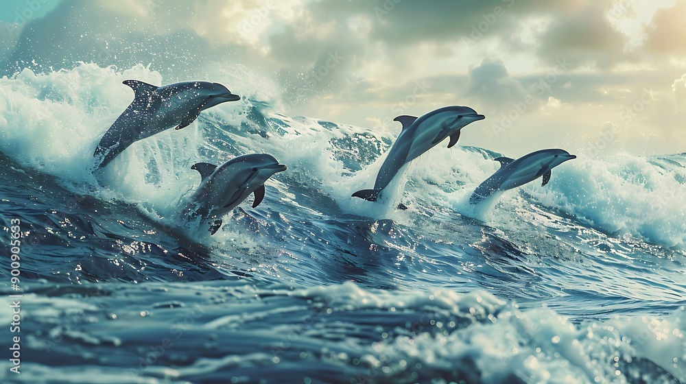 Fototapeta premium Four Dolphins Leaping Through Waves at Sunset