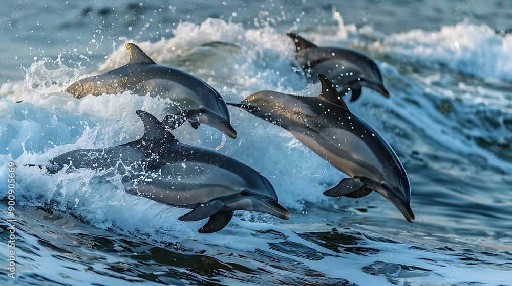 Naklejka premium Dolphins Leaping Through Waves