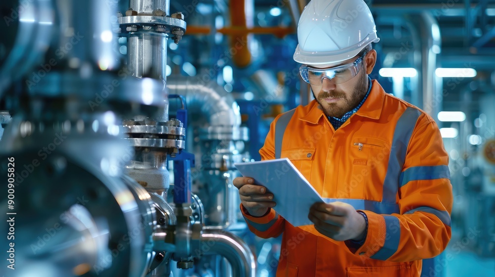 Engineer in an orange uniform and helmet, inspecting machinery and taking notes in an industrial facility. Engineer in an orange uniform and helmet, inspecting machinery and taking notes in an industrial facility.
