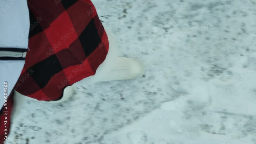 Girl's feet in white boots walking in the snow. human's feet are on the snow leaving traces, goes away. High quality 4k footage Girl's feet in white boots walking in the snow. human's feet are on the snow leaving traces, goes away. High quality 4k footage