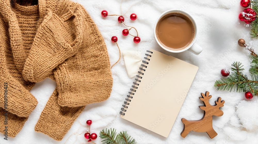Fototapeta premium Cozy Winter Scene with Sweater, Hot Drink, Notebook, and Christmas Decorations on Snow
