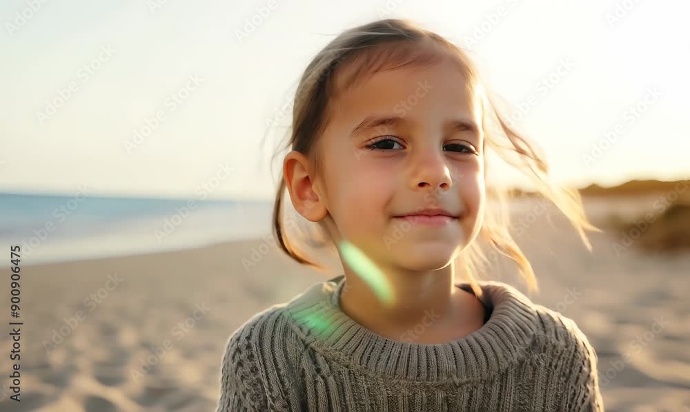 Medium shot portrait video of a pleased child female wearing a chic cardigan against a beach background Medium shot portrait video of a pleased child female wearing a chic cardigan against a beach background