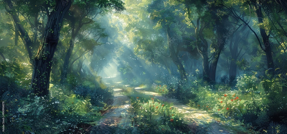 Dirt road in the middle of the forest with morning sunlight between the trees Dirt road in the middle of the forest with morning sunlight between the trees