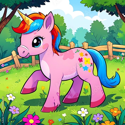 Purplehaired unicorn standing amid flowers with a green background. Perfect for fantasythemed designs, childrens illustrations, and magical concepts, horse. photo