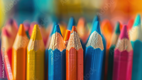 Colorful pencils in focus on a blurred background in a close-up shot