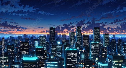 beautiful city skyline night background anime cartoon illustration design backdrop copy space