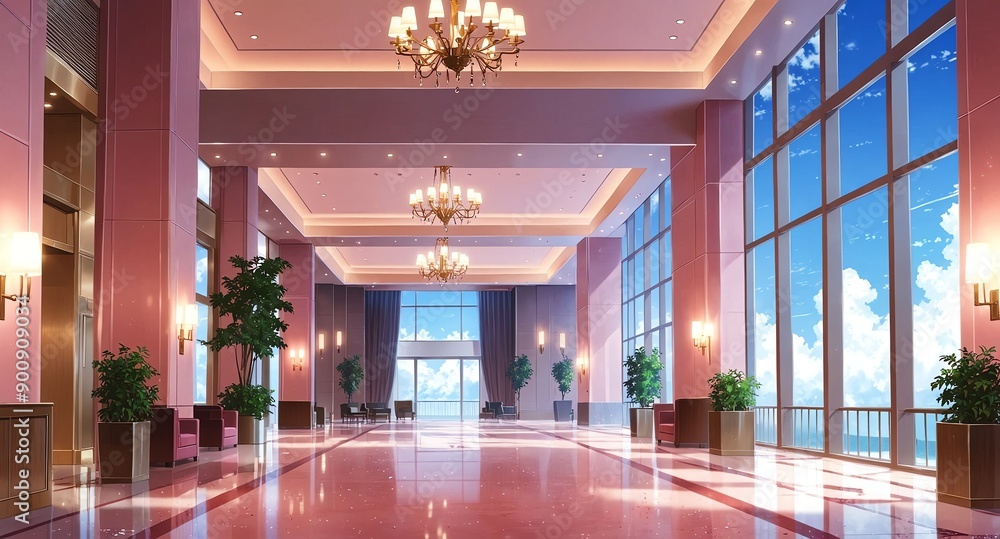 Φωτογραφία pink theme luxury hotel lobby background anime cartoon illustration design backd