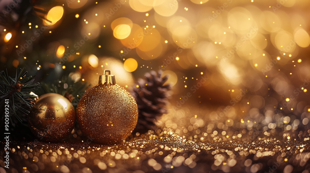 Golden Christmas Ornaments and Glittering Lights Decorate a Festive Holiday Setting in the Evening Golden Christmas Ornaments and Glittering Lights Decorate a Festive Holiday Setting in the Evening