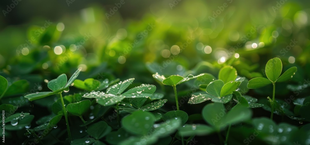 Wild green clovers plants wet with dew in the morning