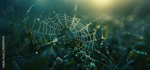 Cobwebs dew on the cool morning grass